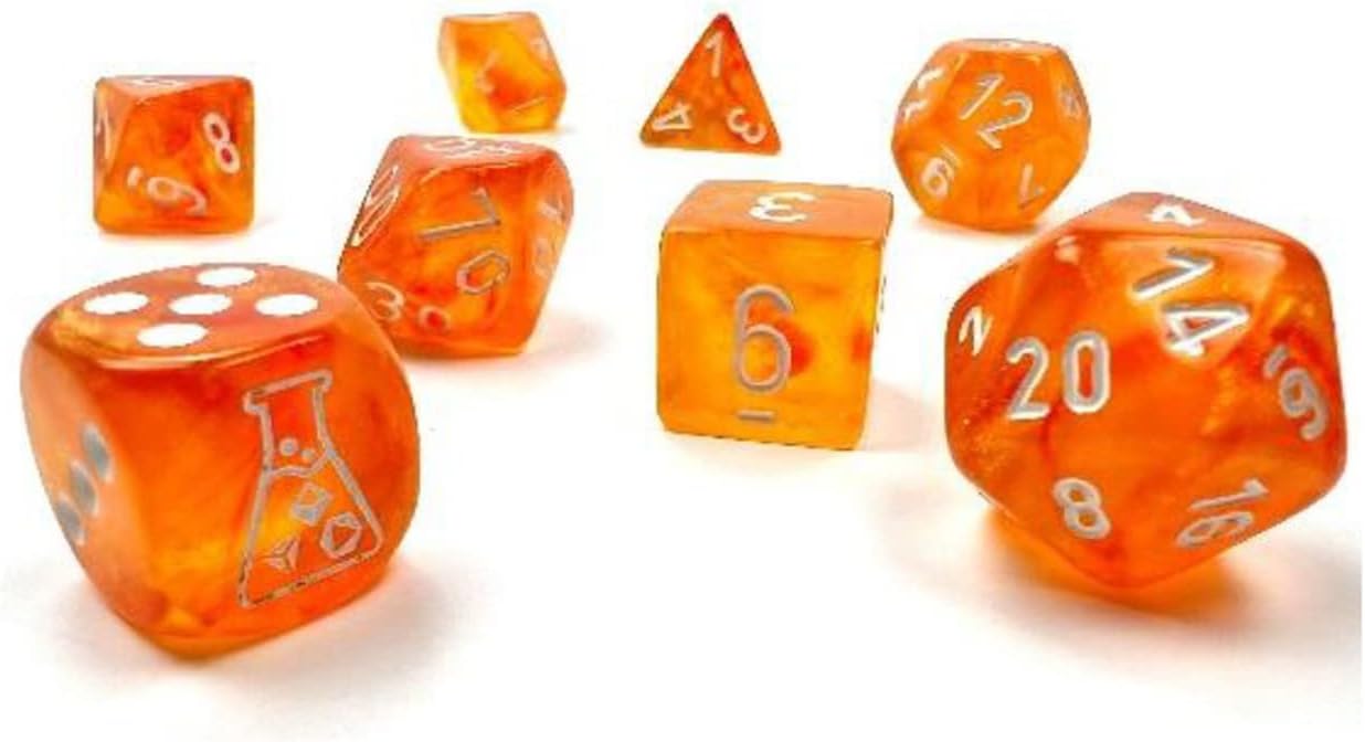 Borealis Blood Orange Luminary Dice with White Numbers 7+1 Dice Set 16mm (5/8in) Chessex