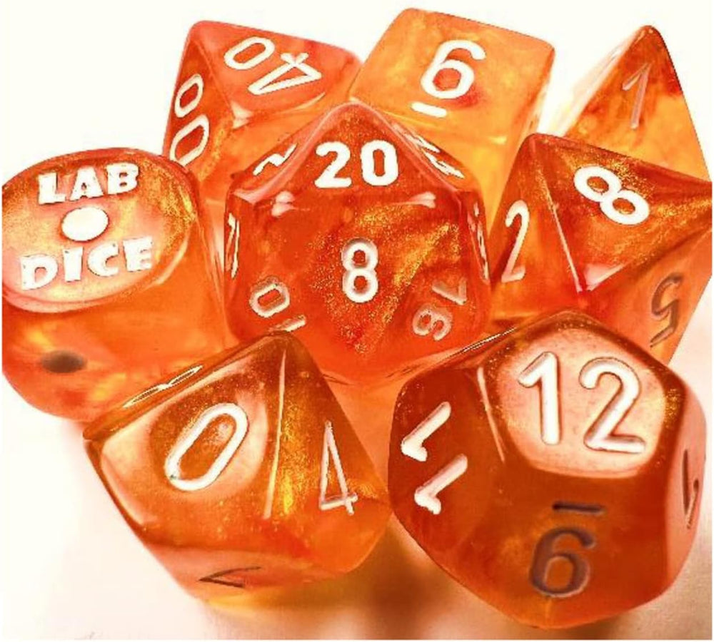 Borealis Blood Orange Luminary Dice with White Numbers 7+1 Dice Set 16mm (5/8in) Chessex