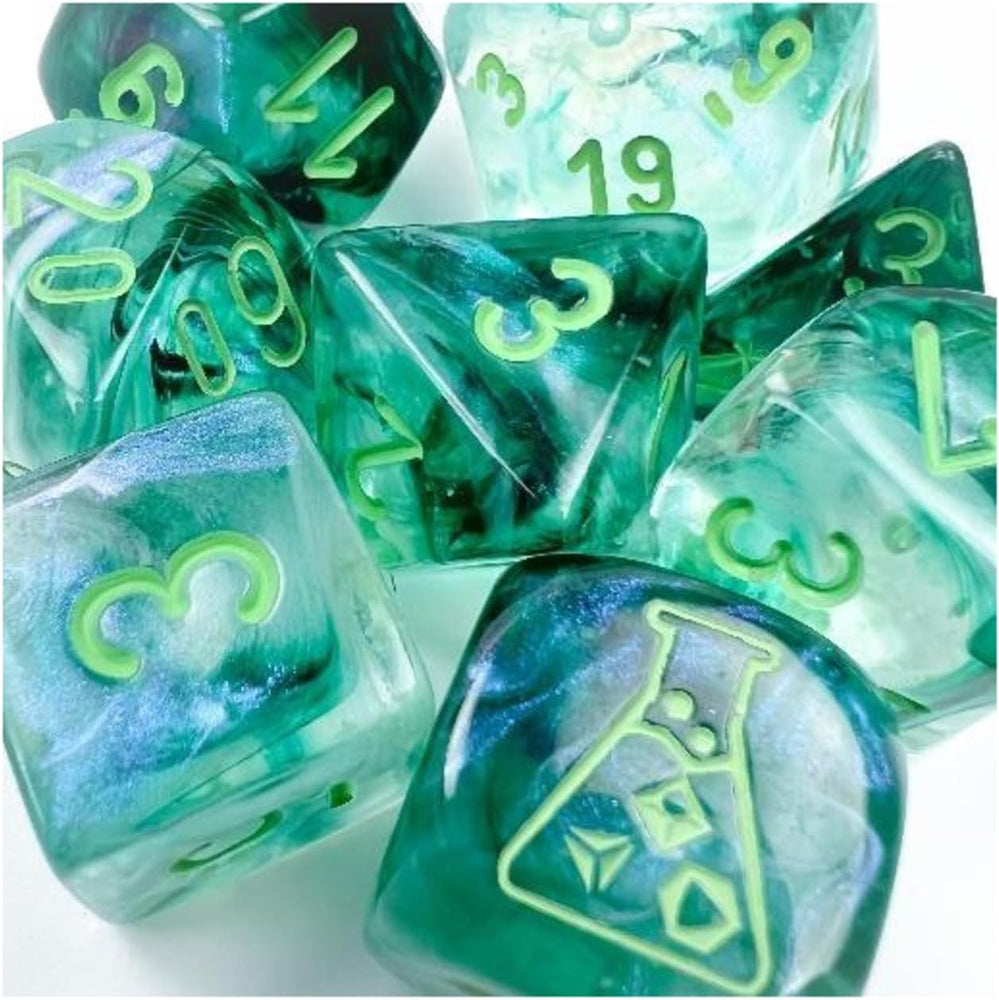 Borealis Kelp Luminary Dice with Lt Green Numbers 7+1 Dice Set 16mm (5/8in) Chessex